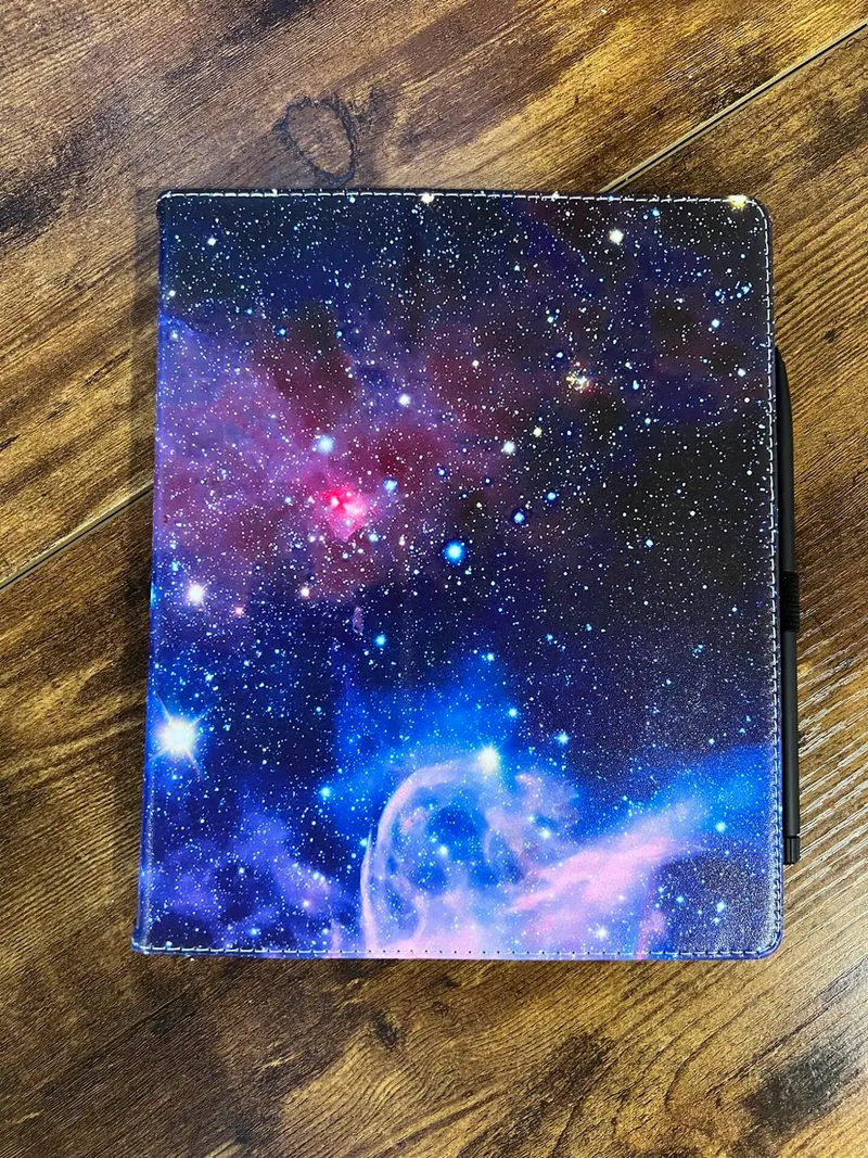 E-ink tablet in a galaxy-print case