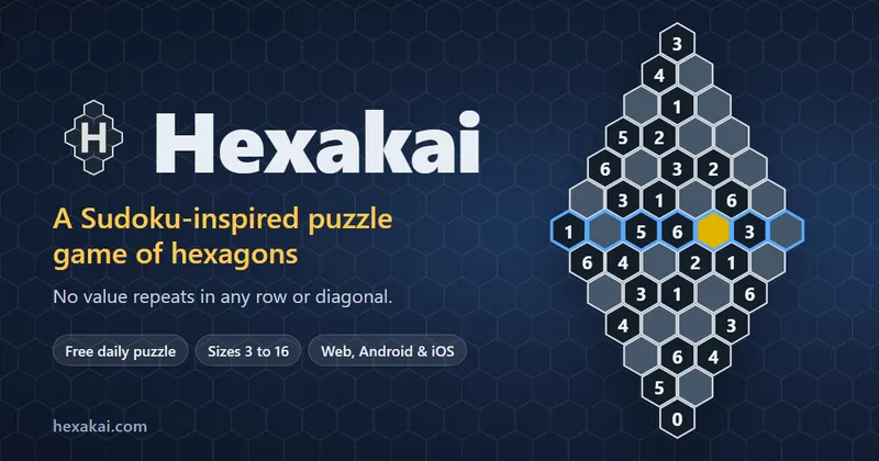 Hexakai: a Sudoku-inspired puzzle game of hexagons. Free daily puzzle, sizes 3 to 16, web, Android and iOS, beside a numbered Hexakai board